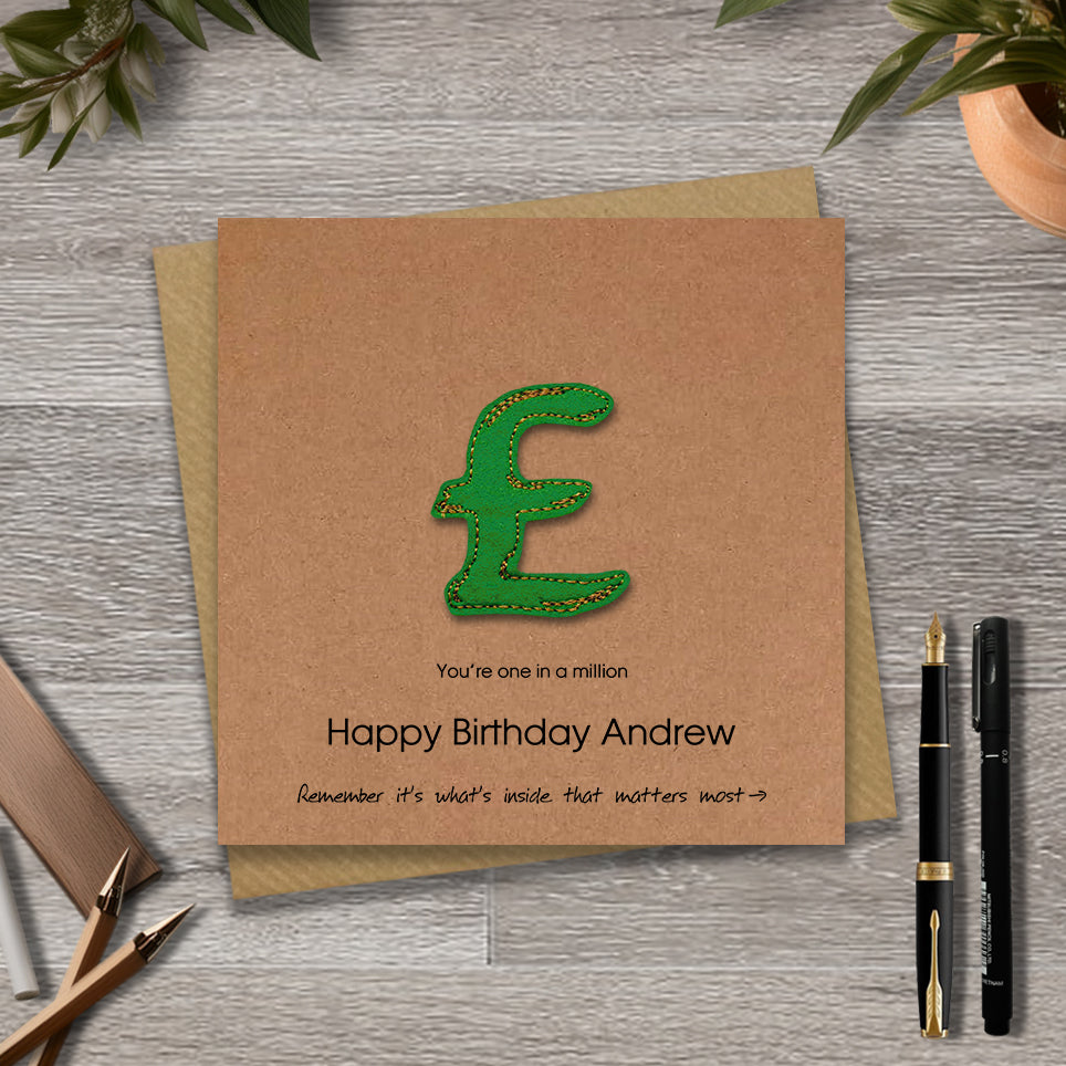 Kraft Birthday card with embroidered pound sign design and personalised text