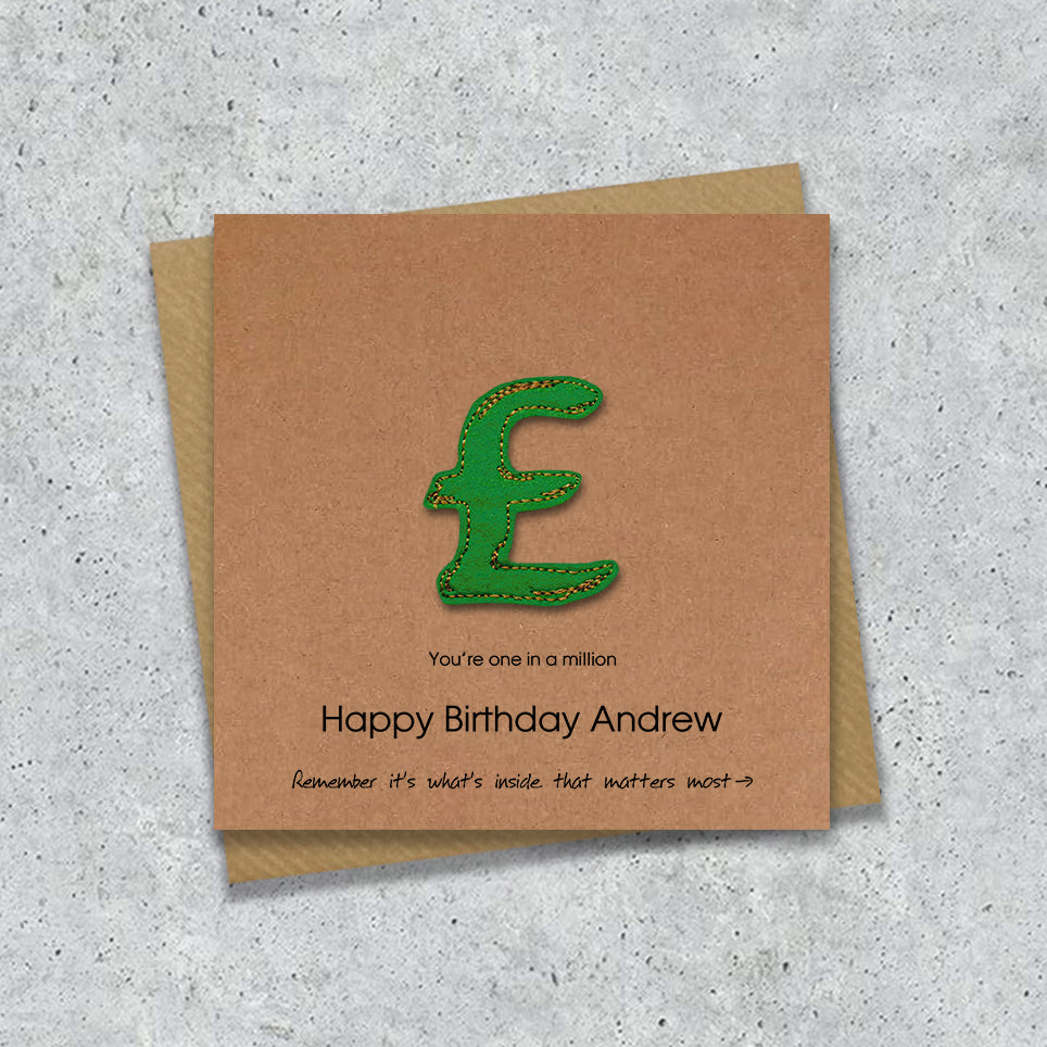 Kraft Birthday card with embroidered Pound sign design and personalised text