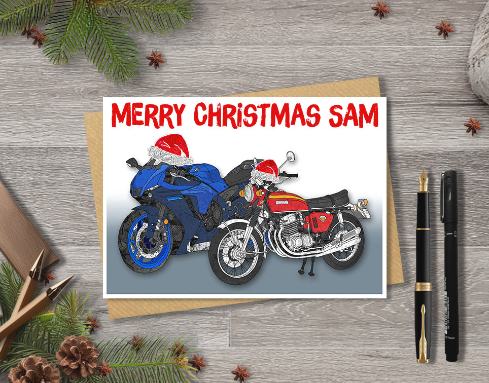 Motorbike Christmas A5 Card, Personalised Retro and Modern Motorcycles Xmas Gift Card