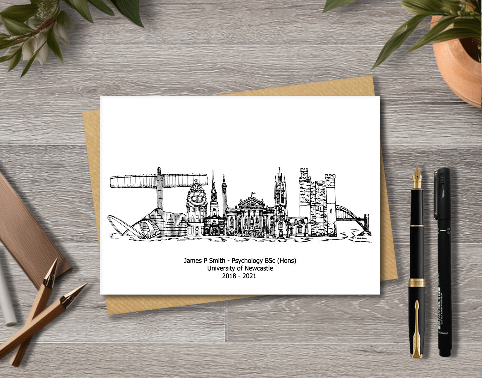 Newcastle Graduation Card, Personalised A6 Black and White Housewarming Card