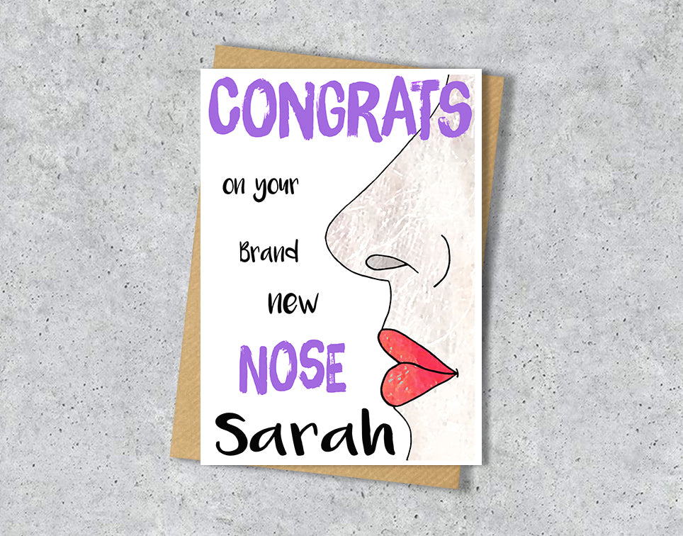 Congrats card with a female nose illustration saying "congrats on your brand new nose" with personalised text.