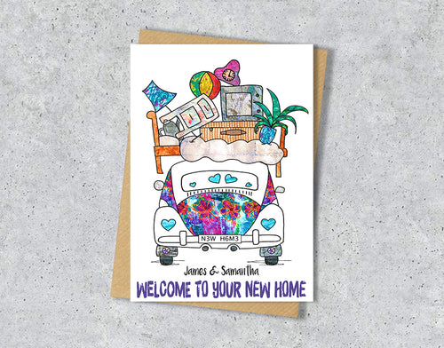 Greeting card with a colorful illustration of a car with furniture on top and text 'Welcome to your new home'.