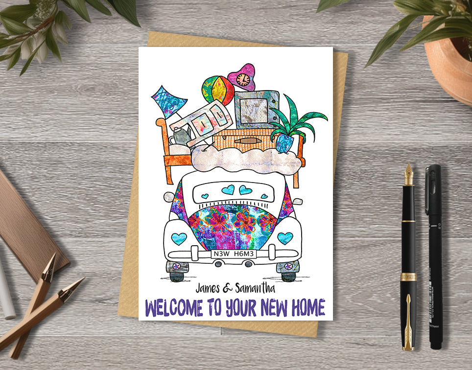 Greeting card with a colorful illustration of a car with furniture on top and text 'Welcome to your new home'.