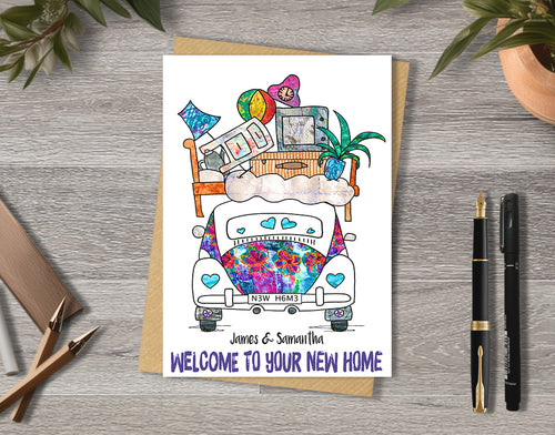 Greeting card with a colorful illustration of a car with furniture on top and text 'Welcome to your new home'.