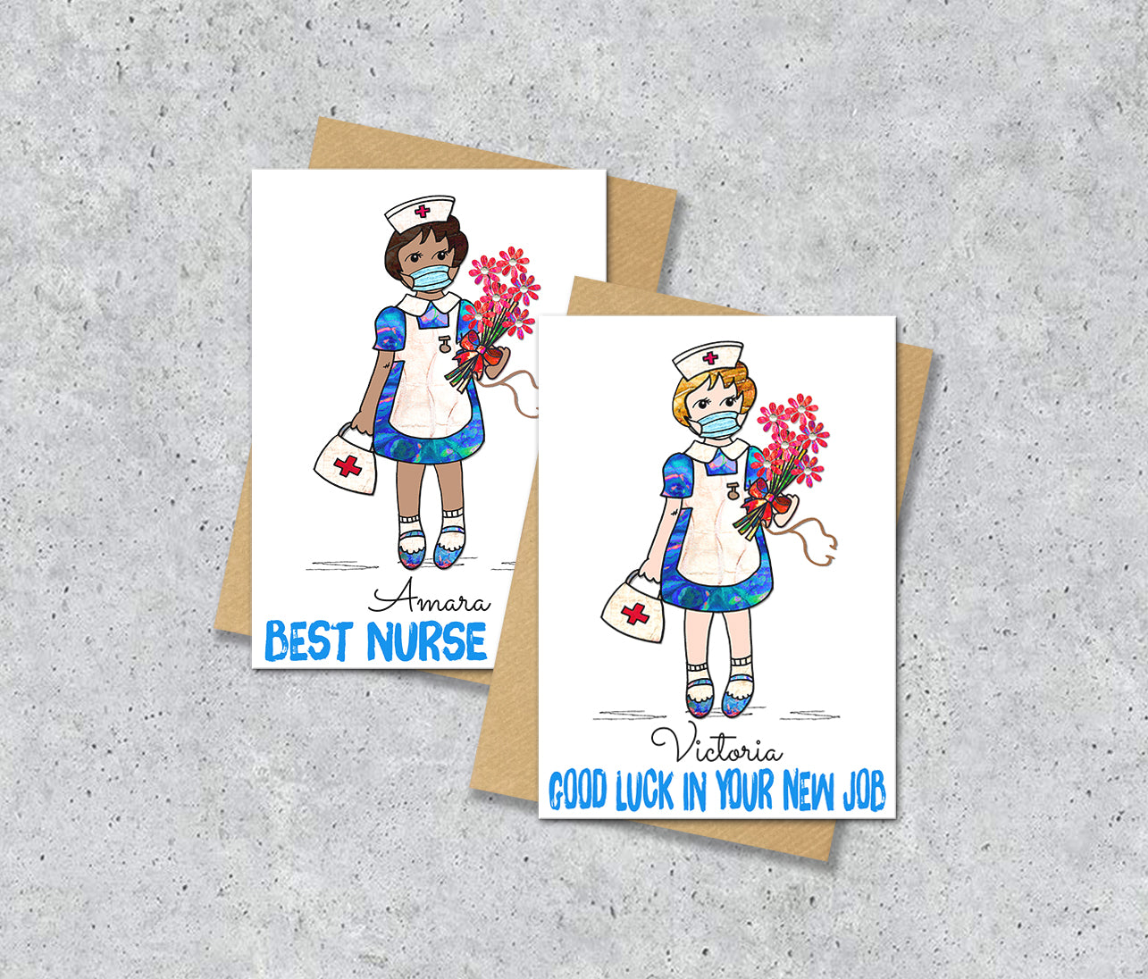 Two greeting cards with illustrations of nurses with personalised text.
