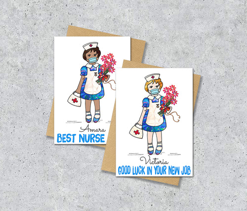 Two greeting cards with illustrations of nurses with personalised text.