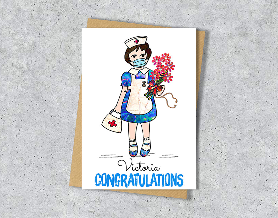 Greeting card with illustration of a nurse holding flowers with personalised text.