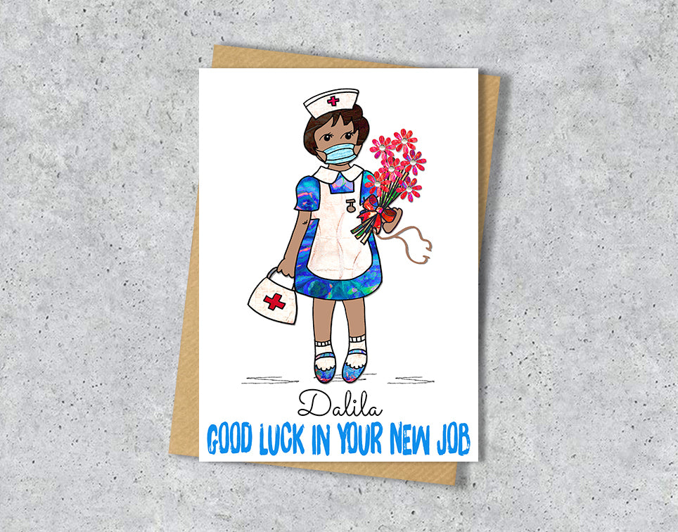 Greeting card with illustration of a nurse holding flowers with personalised text.
