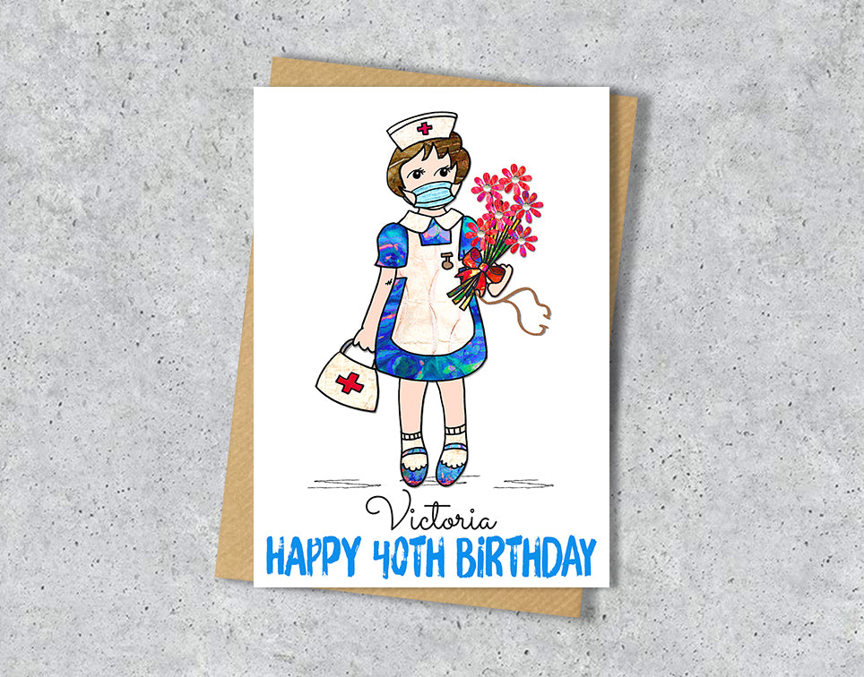 Greeting card with illustration of a nurse holding flowers with personalised text.