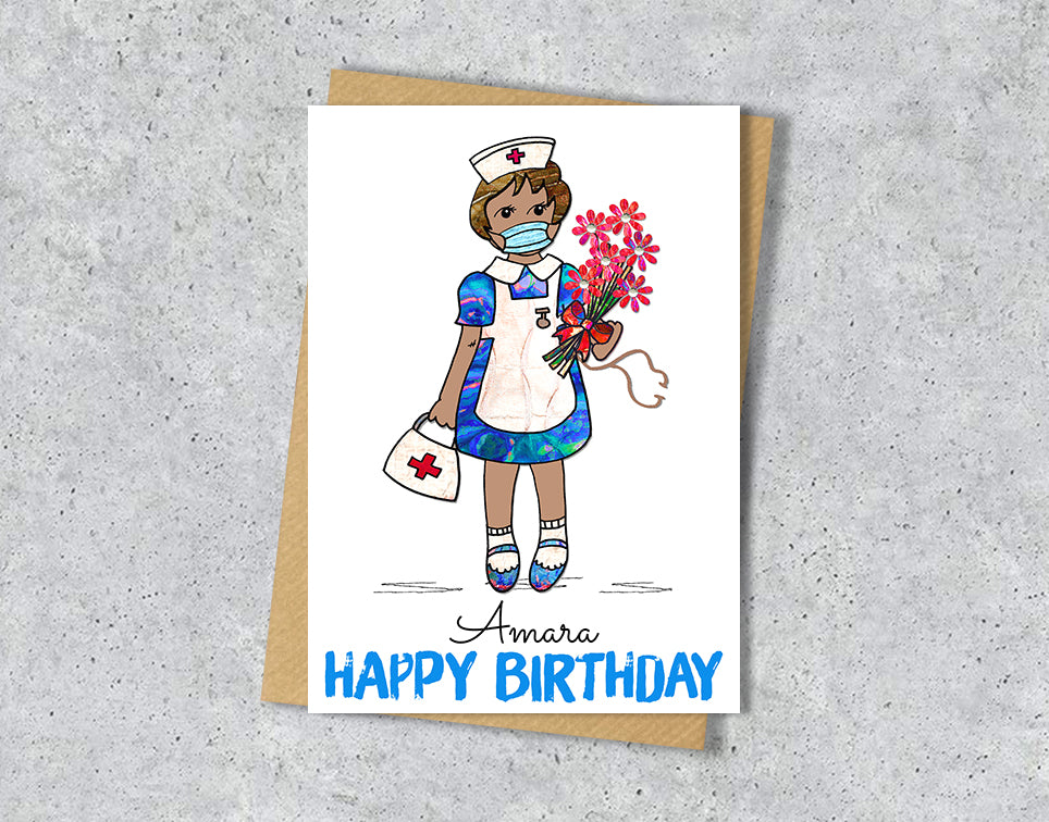 Greeting card with illustration of a nurse holding flowers with personalised text.