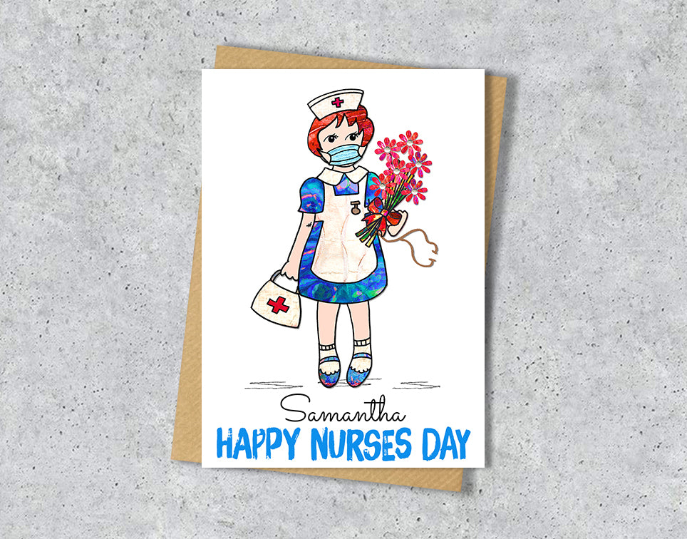 Greeting card with illustration of a nurse holding flowers "Happy Nurses Day" with personalised text.