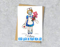 Greeting card with illustration of a nurse holding flowers and text 'Good luck in your new job Victoria' 
