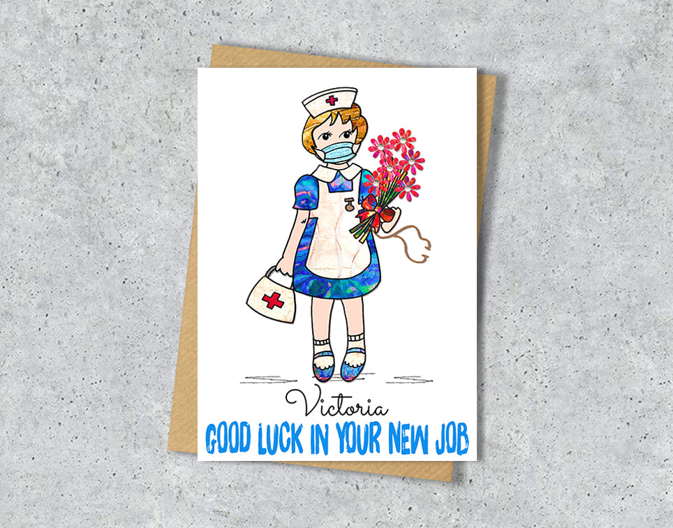 Greeting card with illustration of a nurse holding flowers and text 'Good luck in your new job Victoria' 