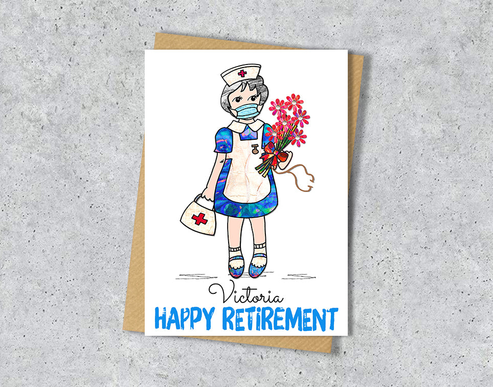 Greeting card with illustration of a nurse holding flowers with personalised text.
