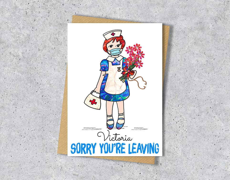 Card with illustration of a nurse holding flowers and text 'Sorry You're Leaving' 