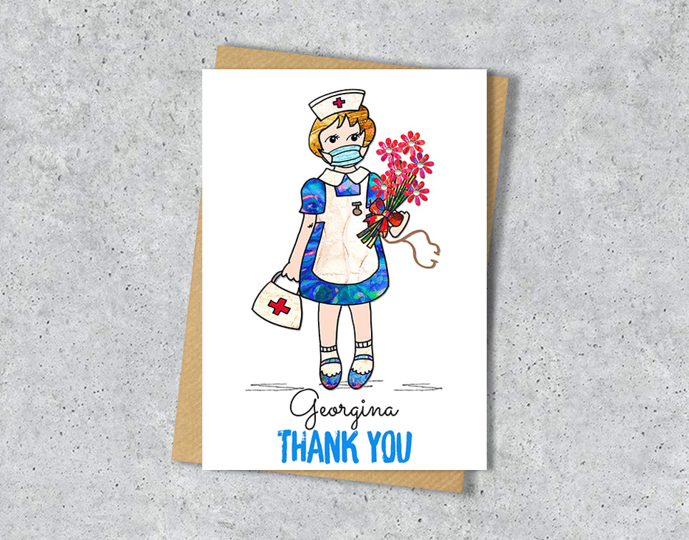 Greeting card with illustration of a nurse holding flowers with personalised text.