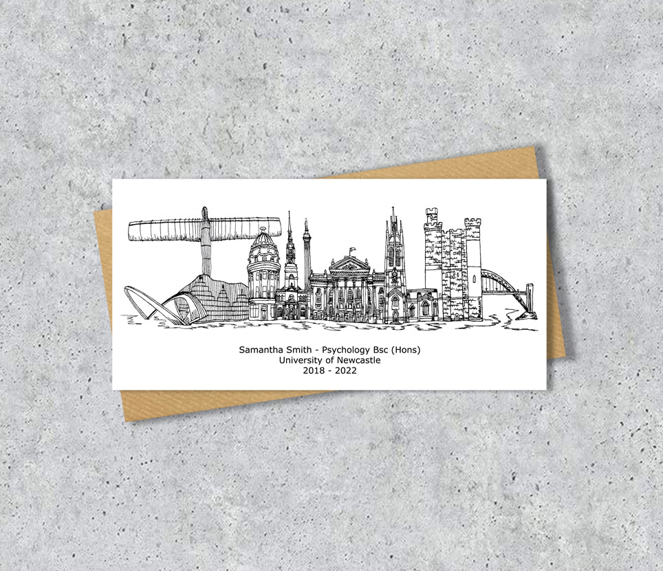 Newcastle Skyline Graduation or Housewarming Card, Personalised, Newcastle landmarks, Black White, Red Hearts
