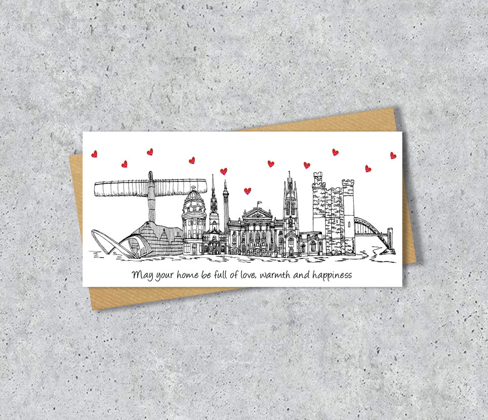 Newcastle Skyline Graduation or Housewarming Card, Personalised, Newcastle landmarks, Black White, Red Hearts