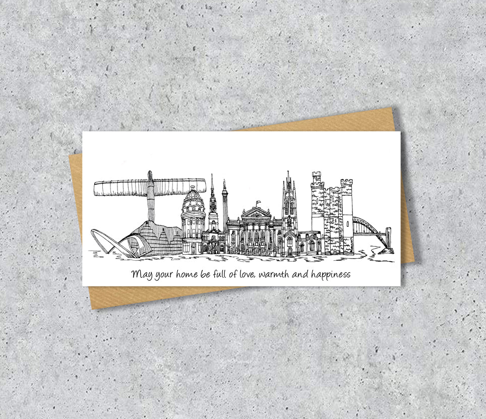 Newcastle Skyline Graduation or Housewarming Card, Personalised, Newcastle landmarks, Black White, Red Hearts