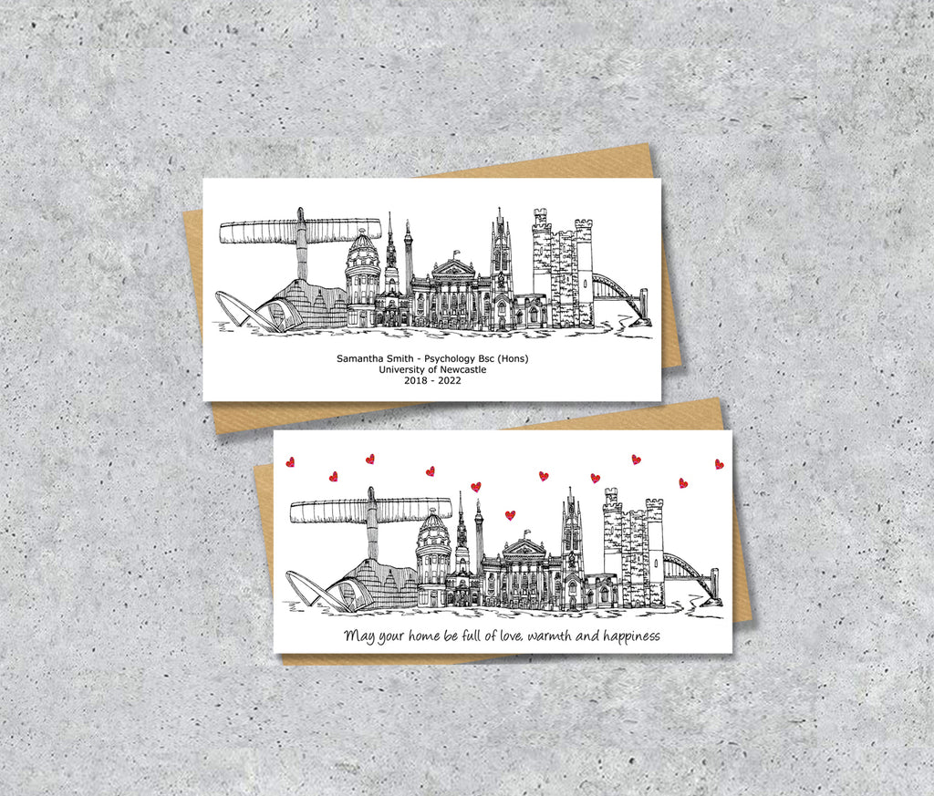 Newcastle Skyline Graduation or Housewarming Card, Personalised, Newcastle landmarks, Black White, Red Hearts