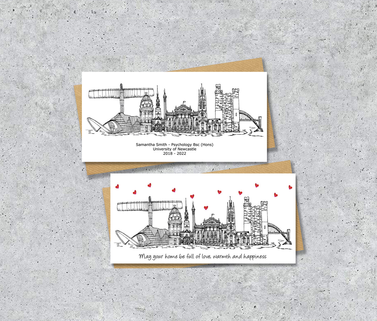 Newcastle Skyline Graduation or Housewarming Card, Personalised, Newcastle landmarks, Black White, Red Hearts