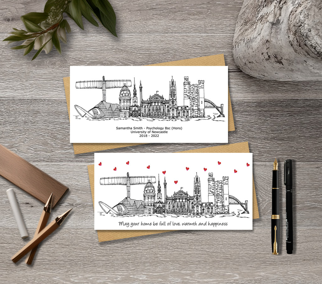 Newcastle Skyline Graduation or Housewarming Card, Personalised, Newcastle landmarks, Black White, Red Hearts