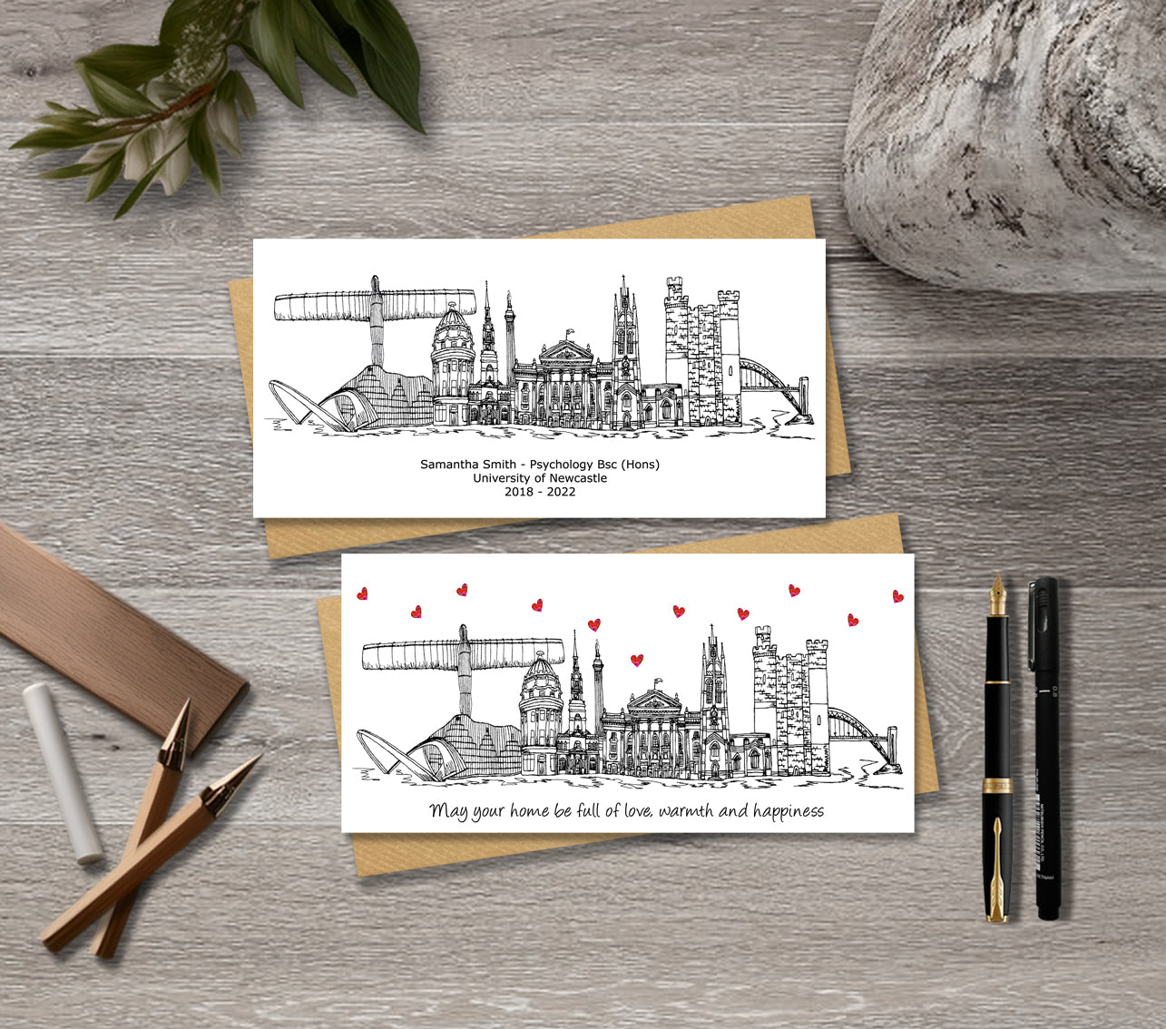 Newcastle Skyline Graduation or Housewarming Card, Personalised, Newcastle landmarks, Black White, Red Hearts