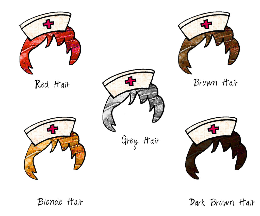 Illustrations of a nurse hat with different hair colors on a white background