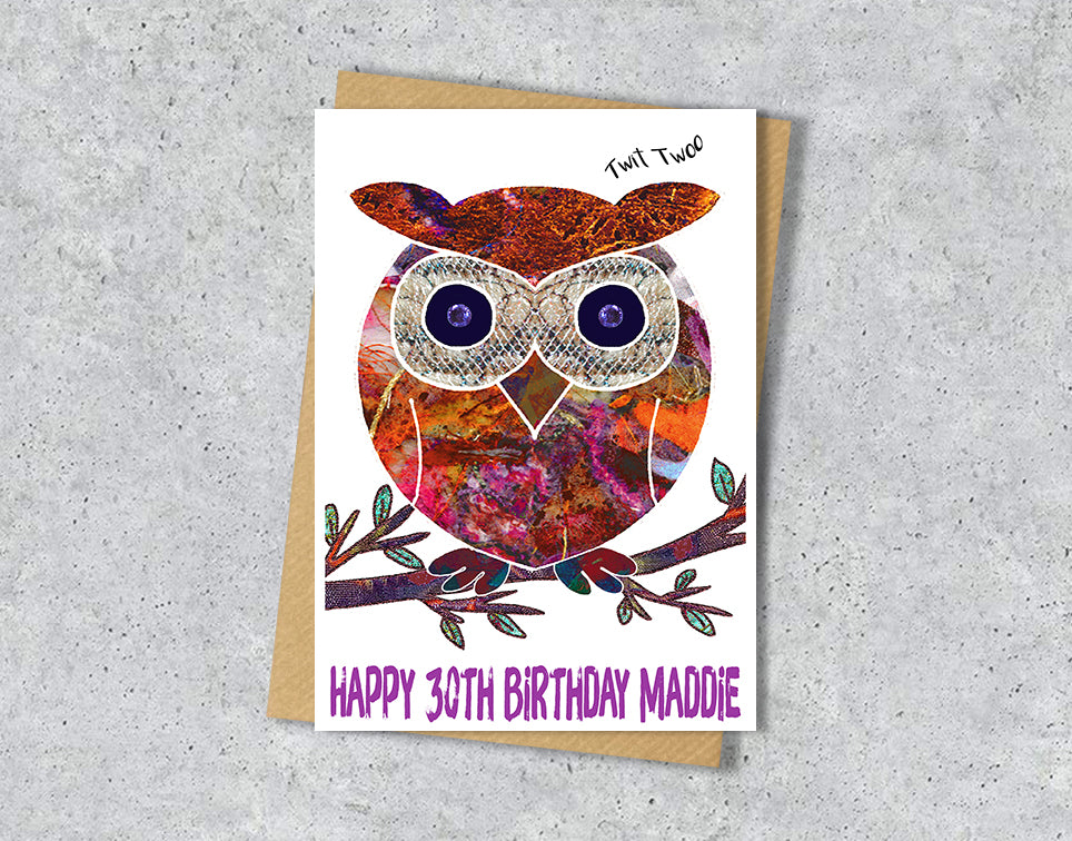 30th Birthday card with a colorful owl design with personalised text.