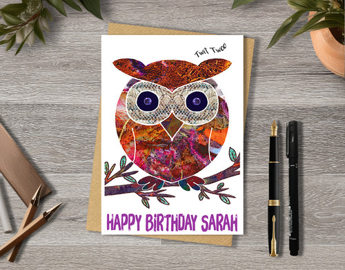Birthday card with colorful owl design with personalised text.