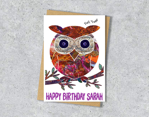 Birthday card with a colorful owl design with personalised text.