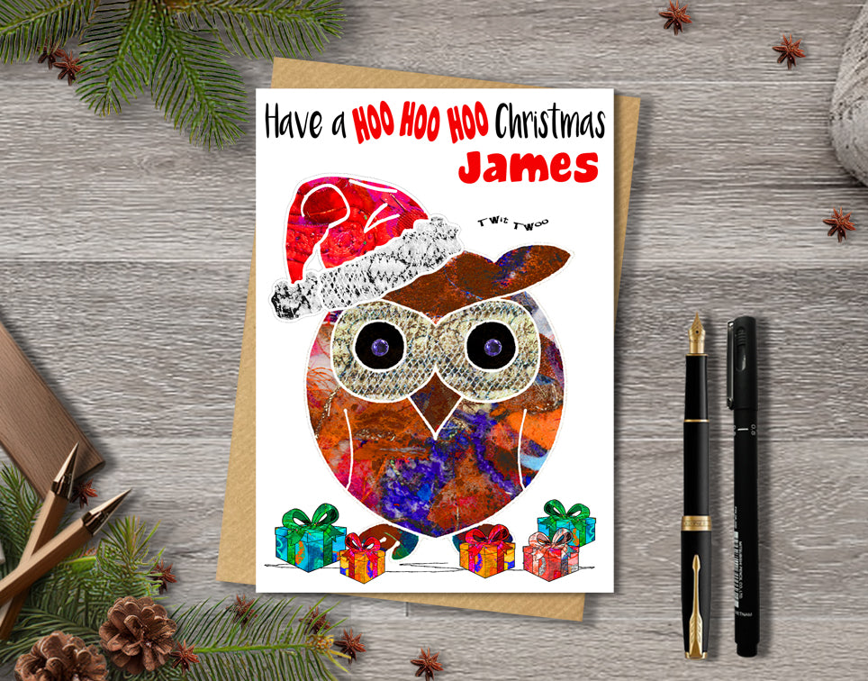 Owl Christmas Card, A5 Personalised Greeting Card