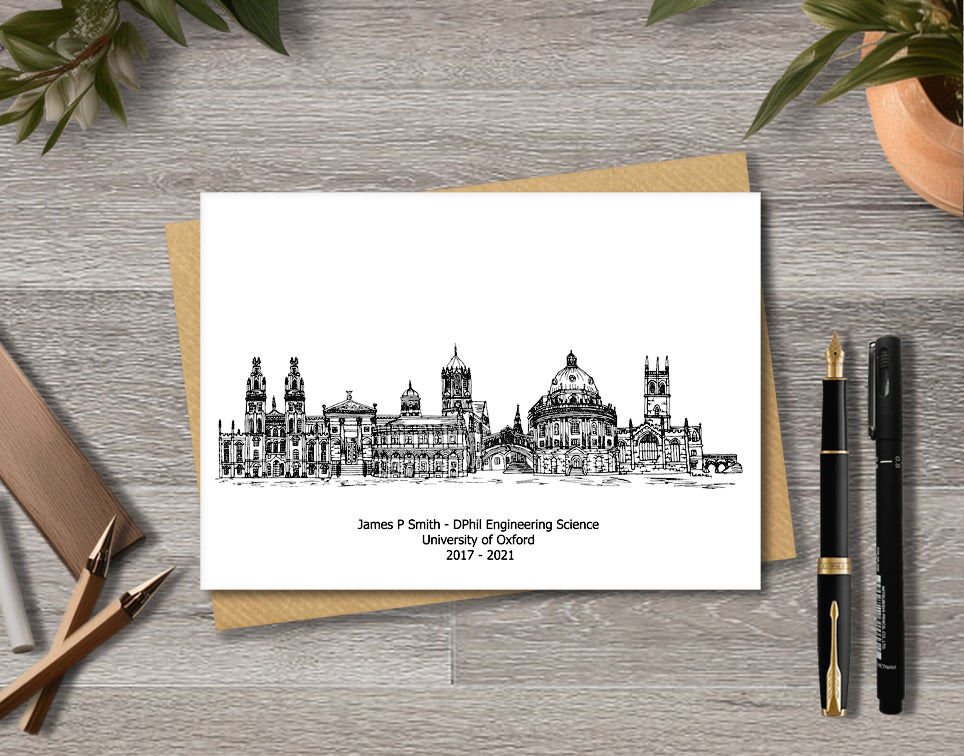 Oxford Graduation Card, Personalised A6 Black and White Housewarming Card