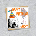 Birthday card with a Old English Sheepdog wearing a party hat and balloons, with personalised text.