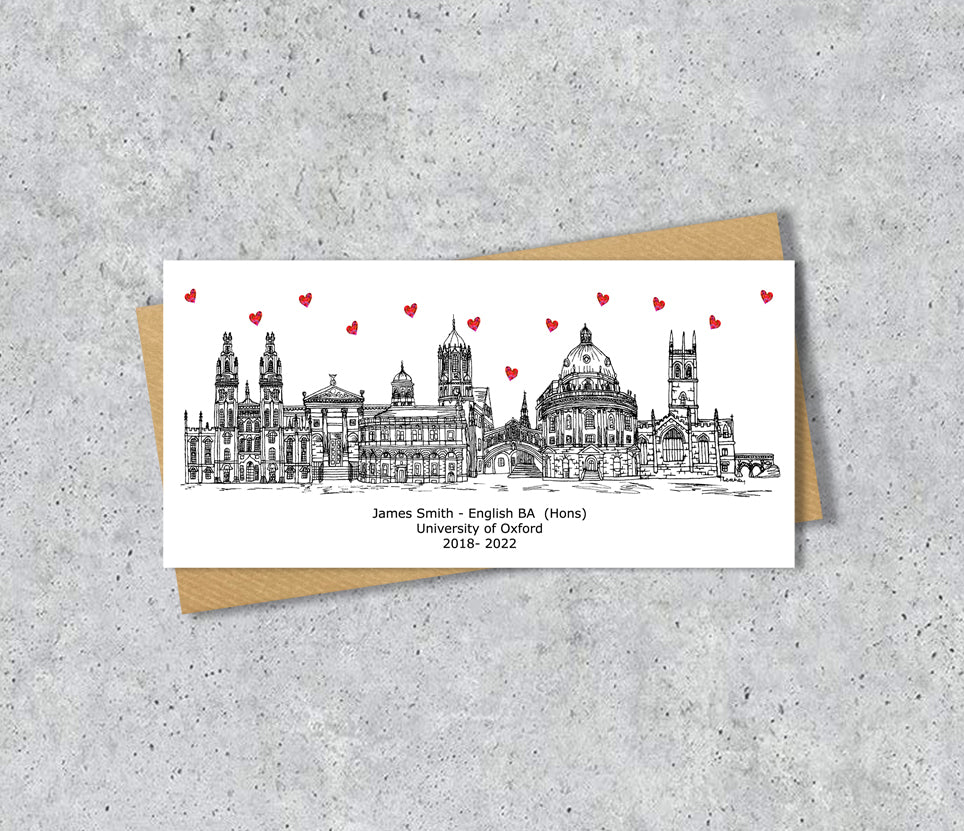 Oxford Skyline Graduation or Housewarming Card, Personalised, Oxford landmarks, Black White, Red Hearts