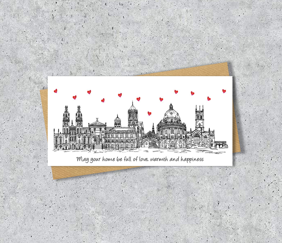 Oxford Skyline Graduation or Housewarming Card, Personalised, Oxford landmarks, Black White, Red Hearts