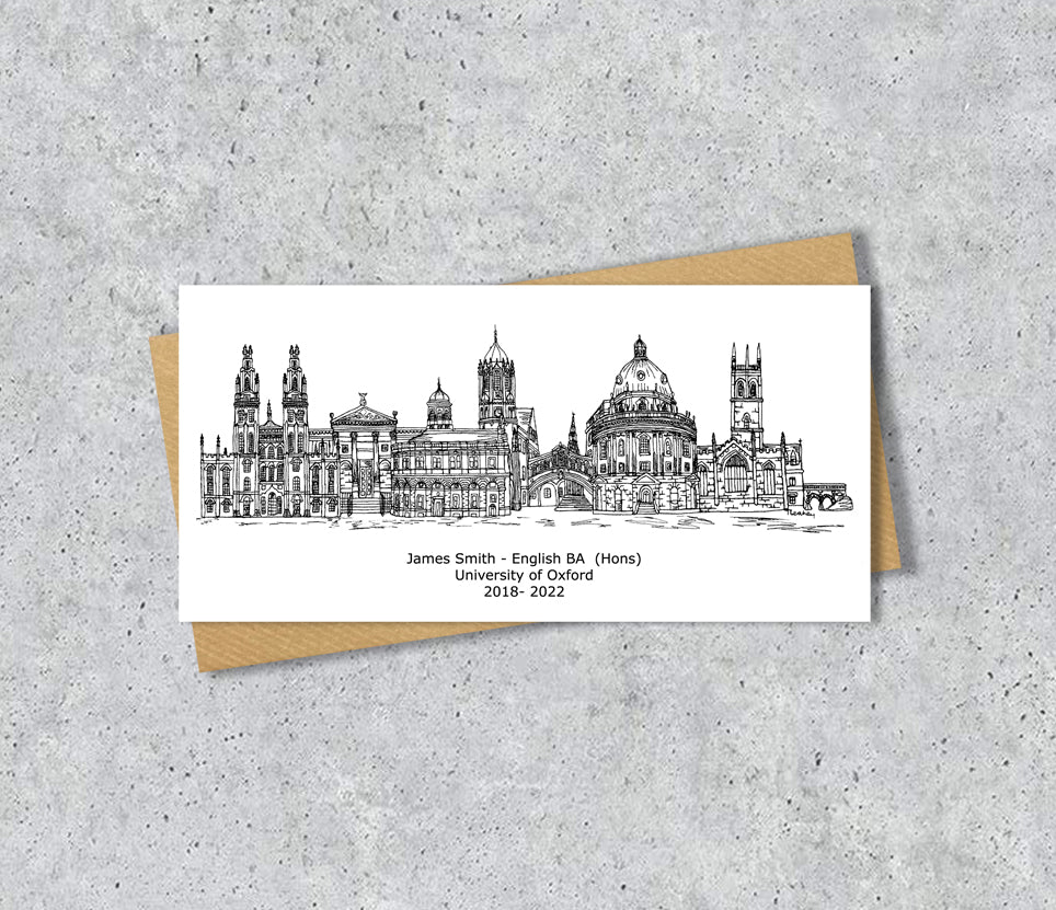 Oxford Skyline Graduation or Housewarming Card, Personalised, Oxford landmarks, Black White, Red Hearts