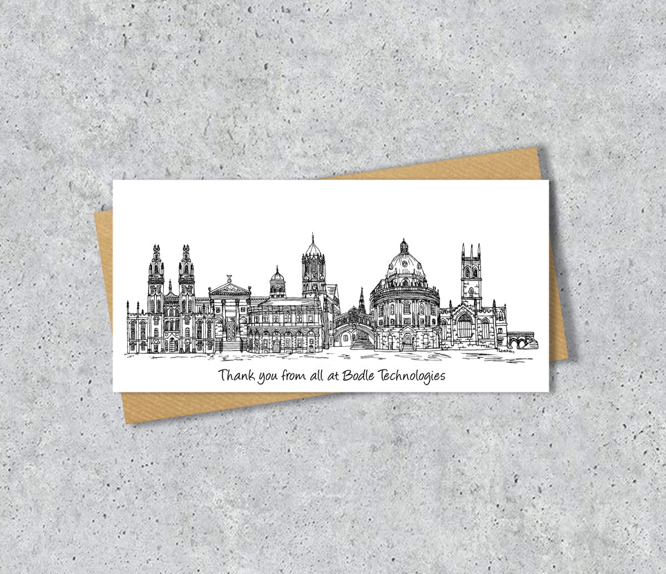 Oxford Skyline Graduation or Housewarming Card, Personalised, Oxford landmarks, Black White, Red Hearts