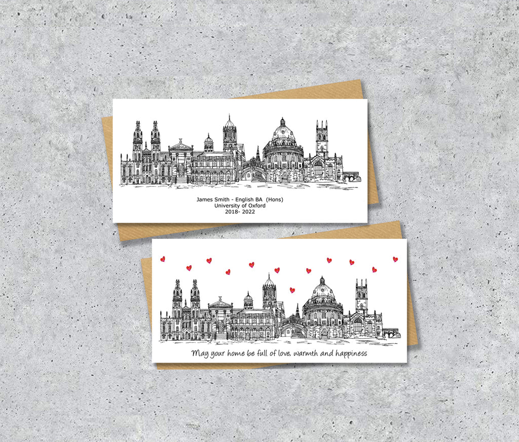 Oxford Skyline Graduation or Housewarming Card, Personalised, Oxford landmarks, Black White, Red Hearts