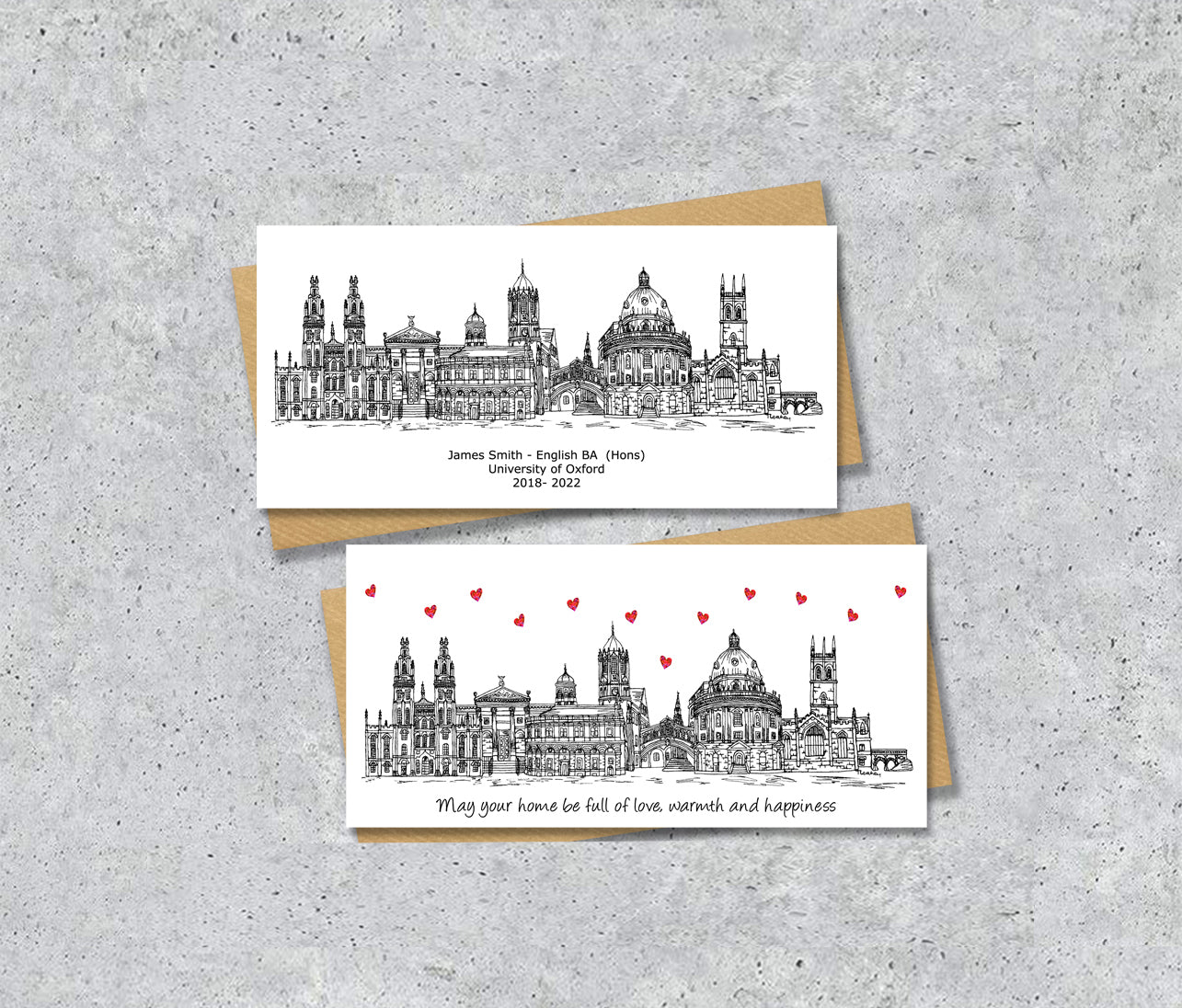 Oxford Skyline Graduation or Housewarming Card, Personalised, Oxford landmarks, Black White, Red Hearts