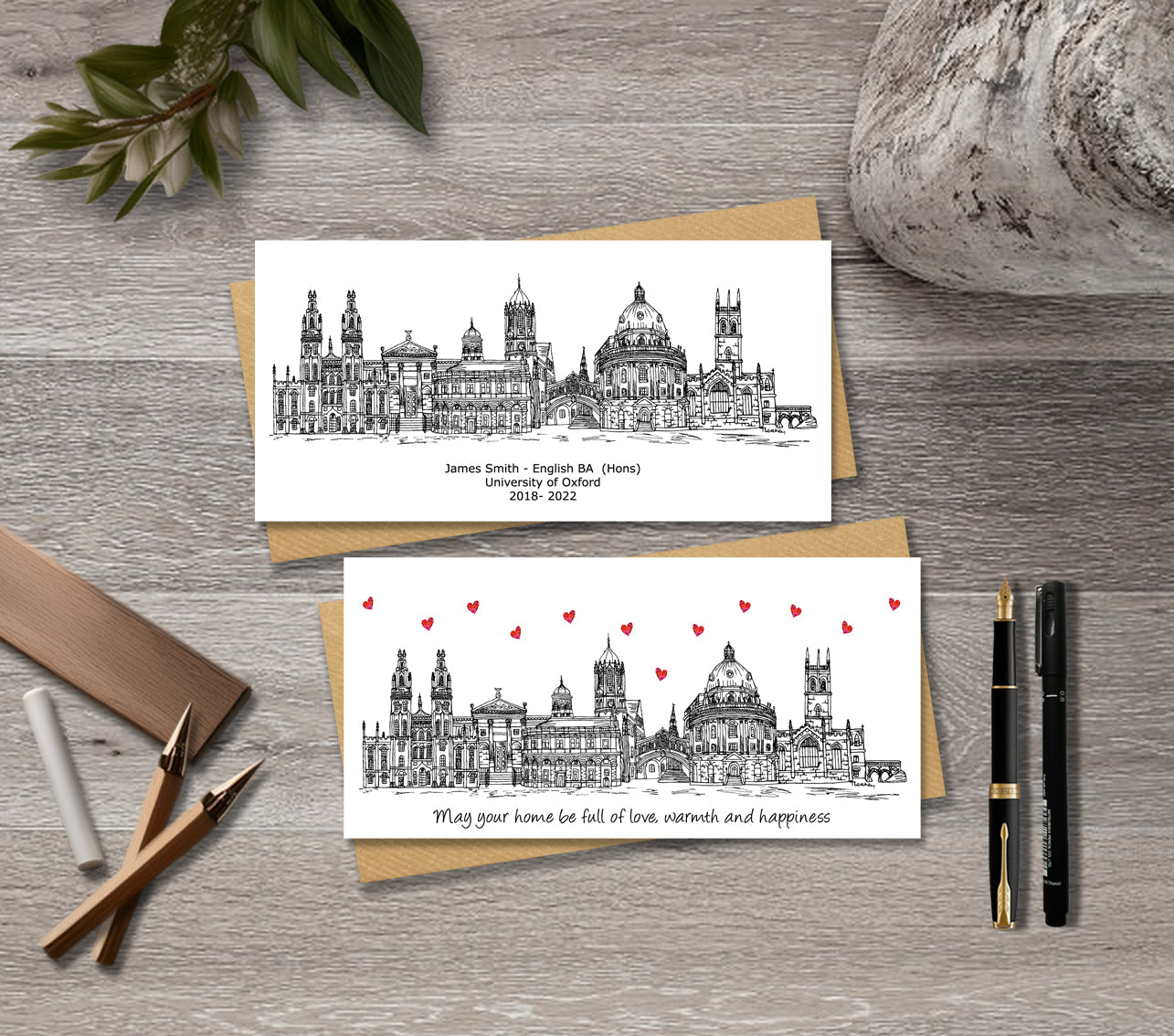 Oxford Skyline Graduation or Housewarming Card, Personalised, Oxford landmarks, Black White, Red Hearts
