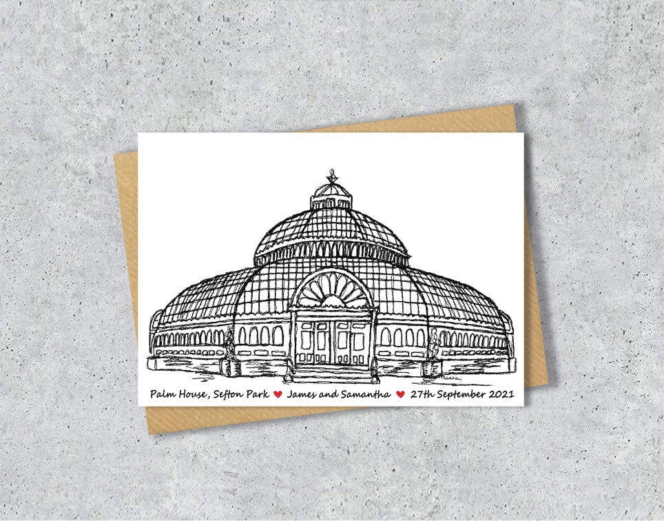 Wedding / Anniversary card with a black and white textile illustration of the Palm House Liverpool with personalised text.
