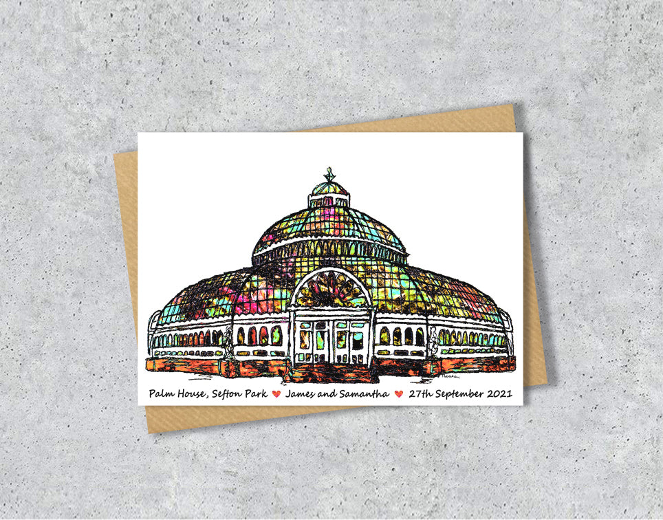 Wedding / Anniversary card with a textile illustration of the Palm House Liverpool with personalised text.