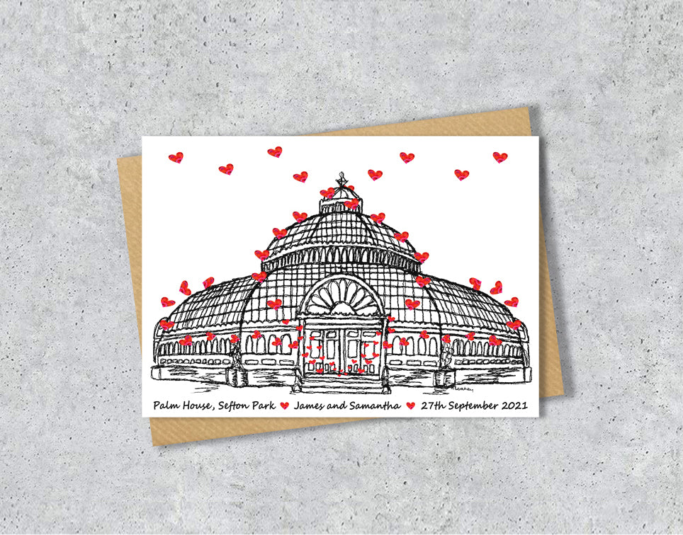 Wedding / Anniversary card with a black and white textile illustration of the Palm House Liverpool and red hearts with personalised text.