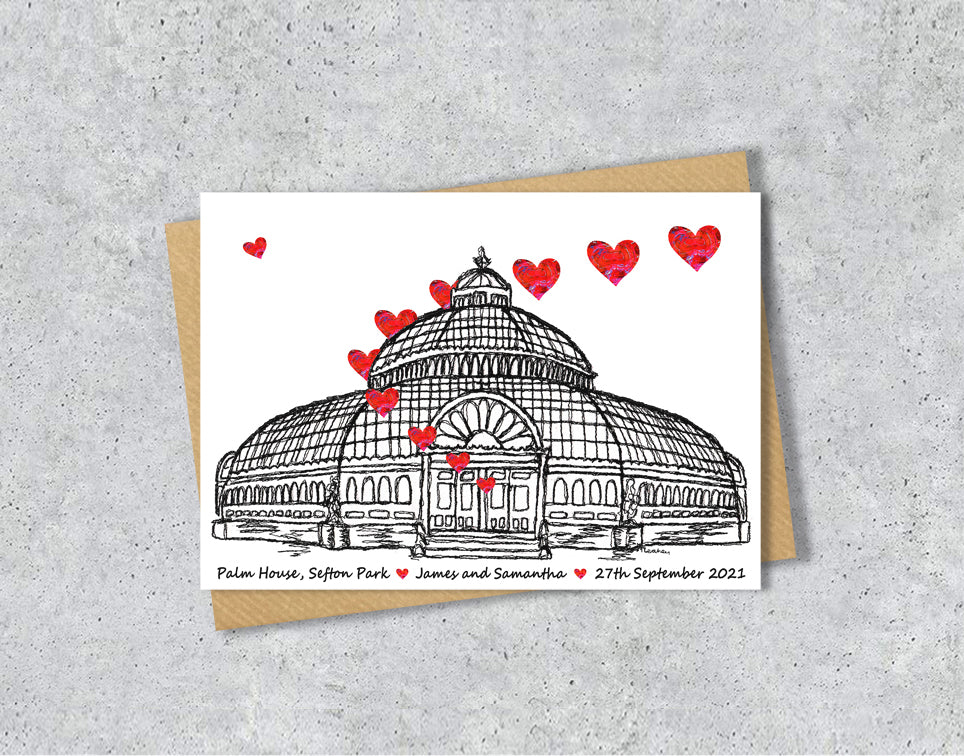 Wedding / Anniversary card with a black and white textile illustration of the Palm House Liverpool and red hearts with personalised text.