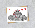 Wedding / Anniversary card with a black and white textile illustration of the Palm House Liverpool and red hearts with personalised text.