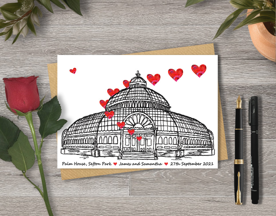 Wedding / Anniversary card with a black and white textile illustration of the Palm House Liverpool and red hearts with personalised text.