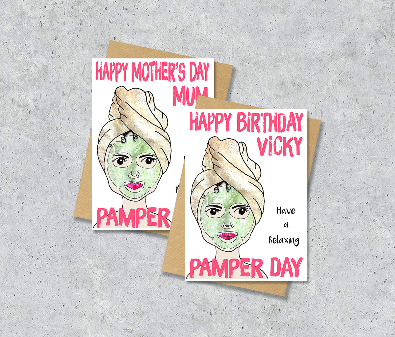 Greeting cards with a women with face mask and turban illustration saying "Pamper day" with personalised text.