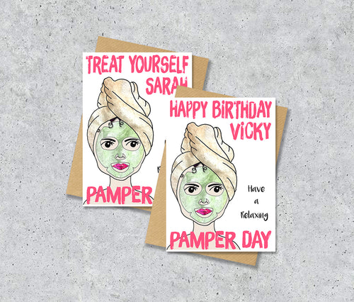 Greeting cards with a women with face mask and turban illustration saying "Pamper day" with personalised text.