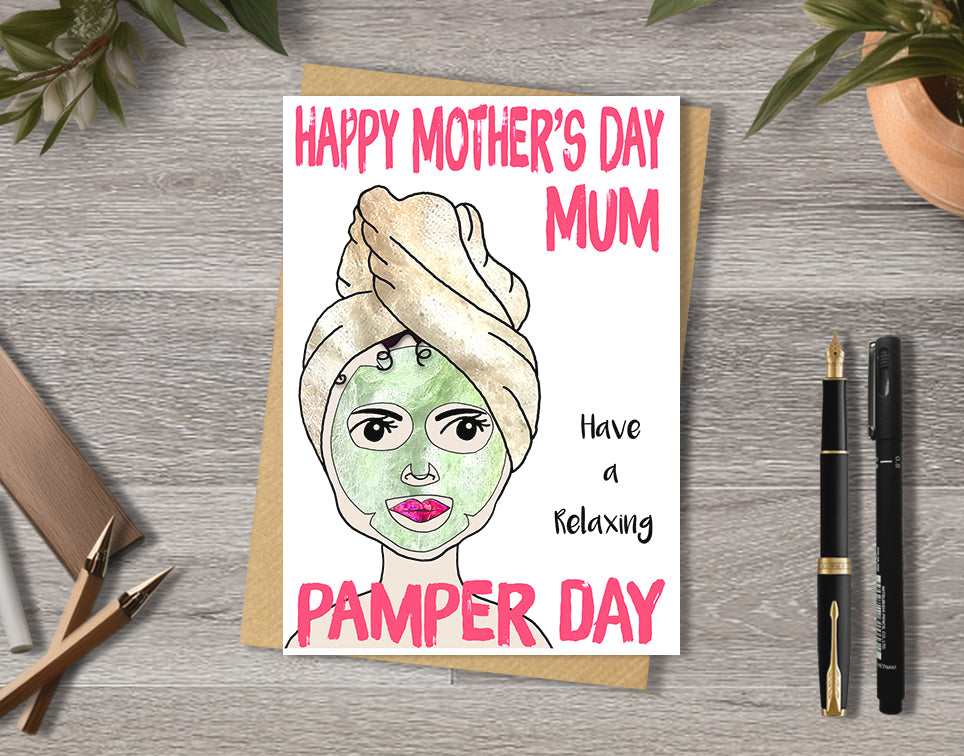 Mother's day card with a women with face mask and turban illustration saying "Pamper day" with personalised text.